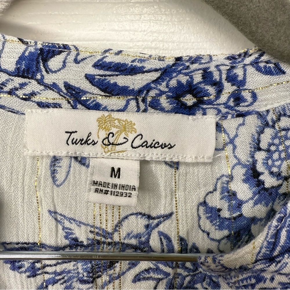 Turks and Caicos Blue Floral Swim Coverup with Gold Metallic Detail Size Medium - Picture 4 of 8